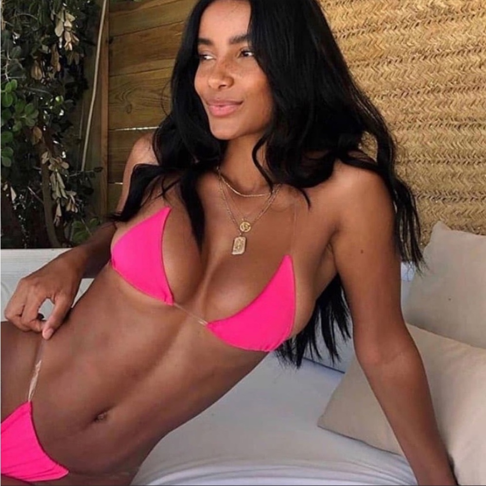 Oh Polly SKINNY DIPPING Clear Strap Thong Micro Bikini Set in Neon Pink